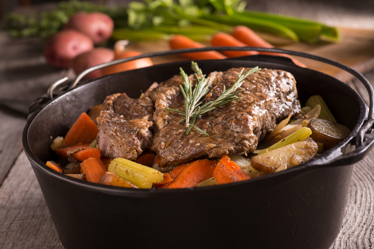 Roast beef in a pan with carrots and potatoes