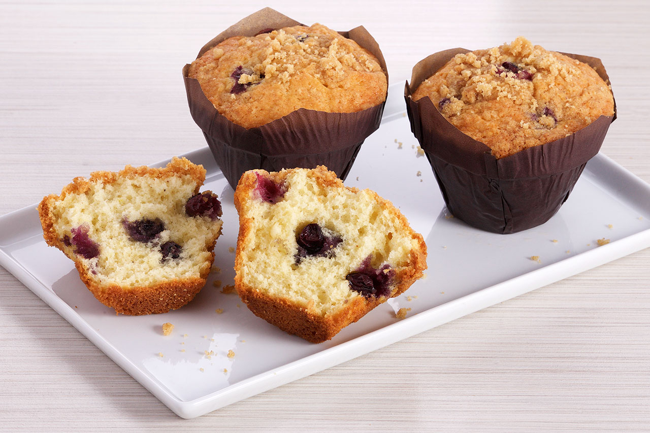 blueberry muffins on a tray