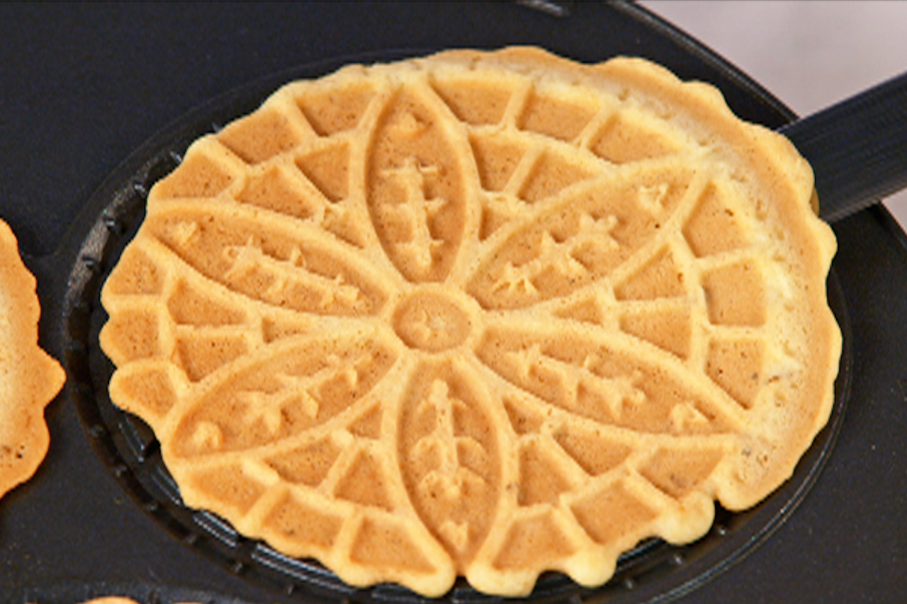 A closeup shot of Anna Olson's Italian Pizzelle cookies