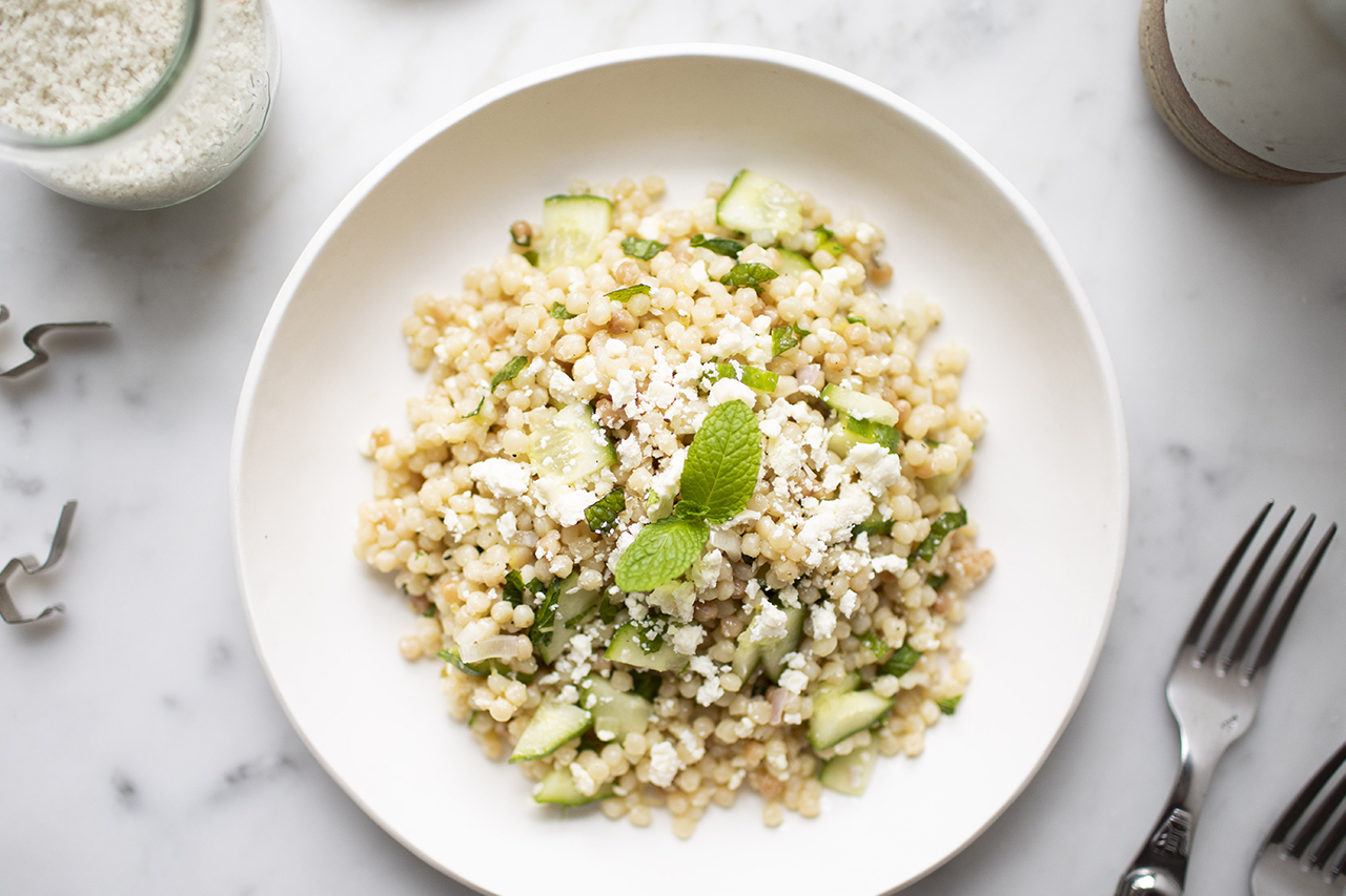 Overview shot of a bowl of couscous