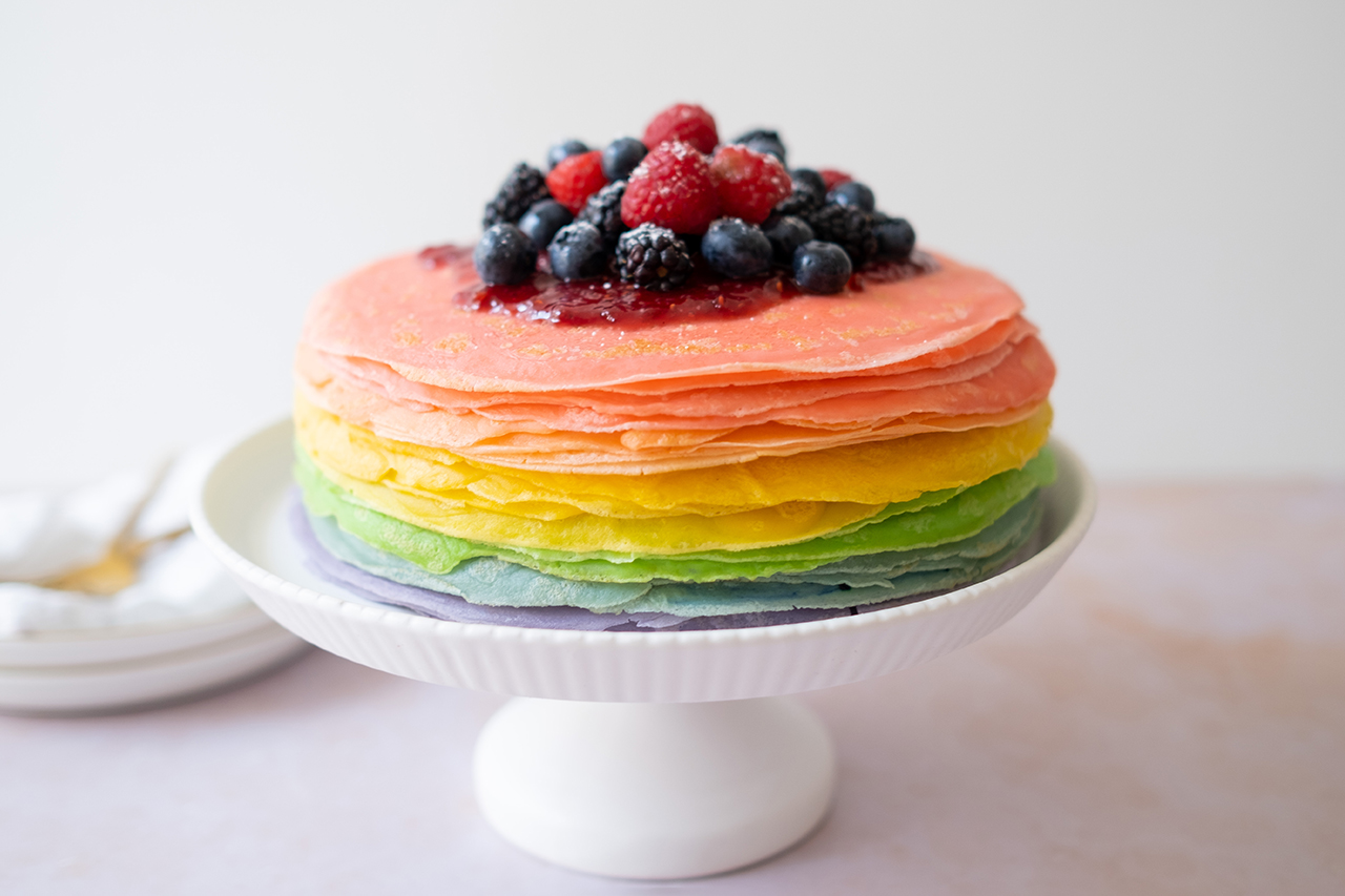 rainbow crepes on a cake stand- Pride month