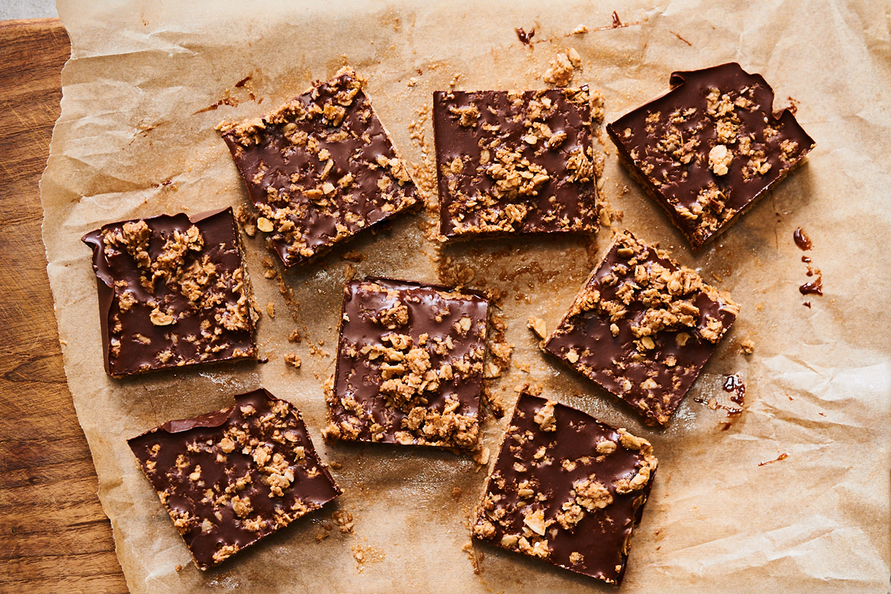 flat lay view of oat chocolate bars on a sheet