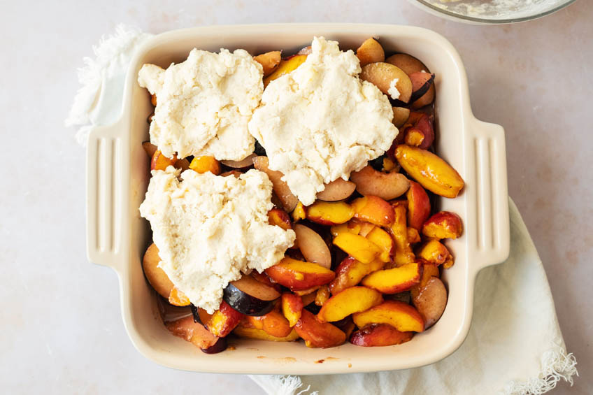 Peach plum cobbler in progress