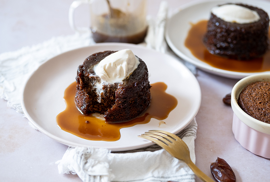 sticky toffee pudding on a cake