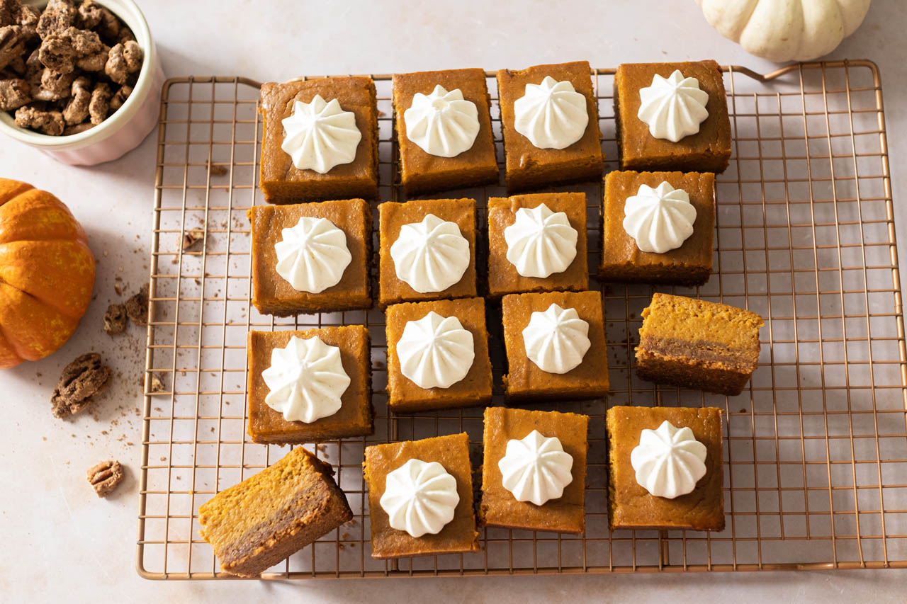 Pumpkin pie squares on a cooling rack