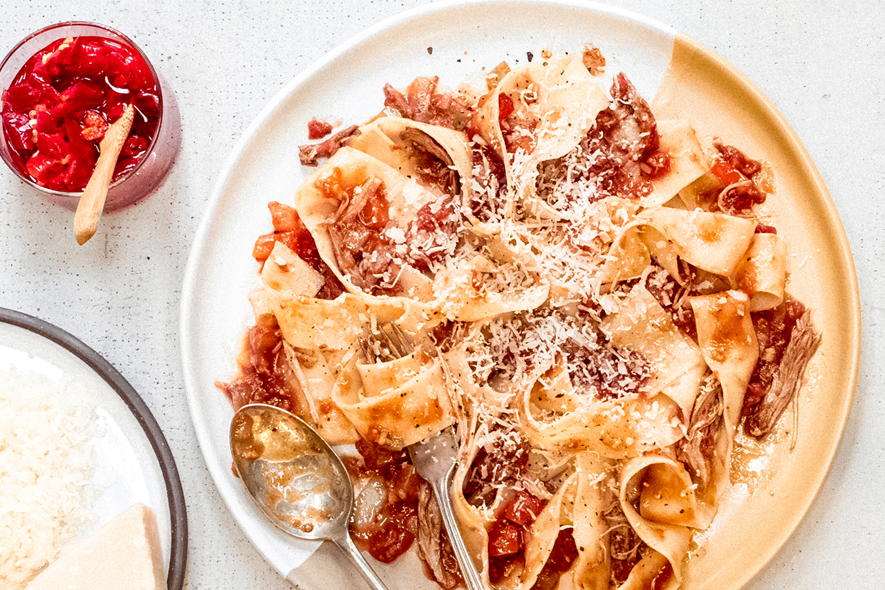 duck ragu on serving plate