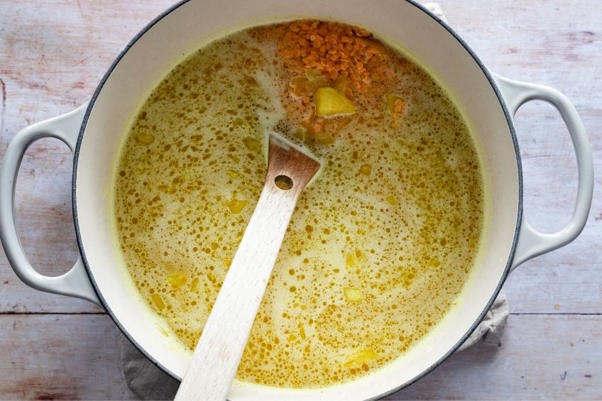 Arabic lentil soup cooking in pot