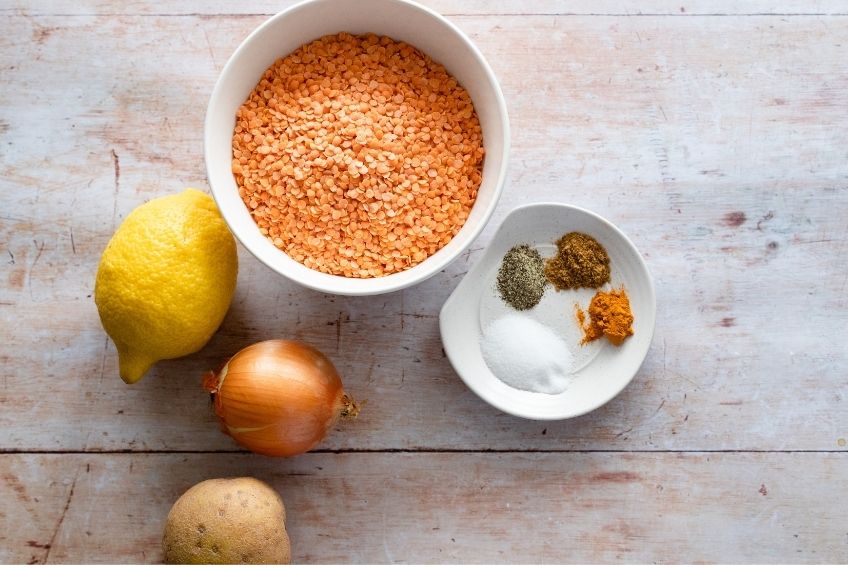 Arabic lentil soup ingredients on countertop