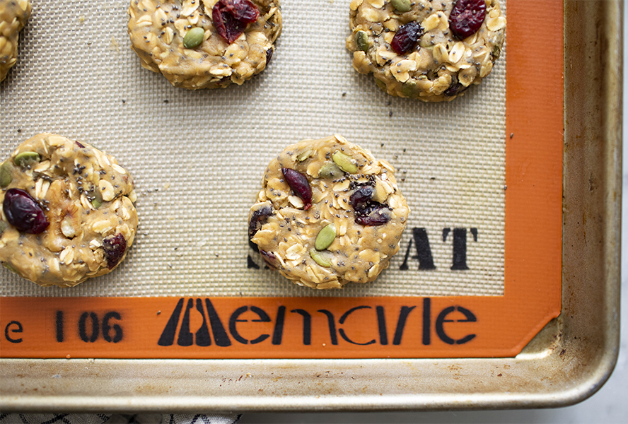 Gluten Free Oatmeal cookies pressed into a baking sheet