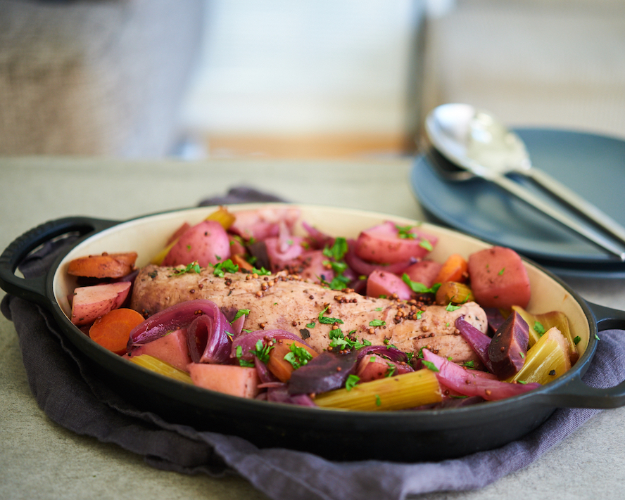 Slow cooker pork tenderloin on a countertop