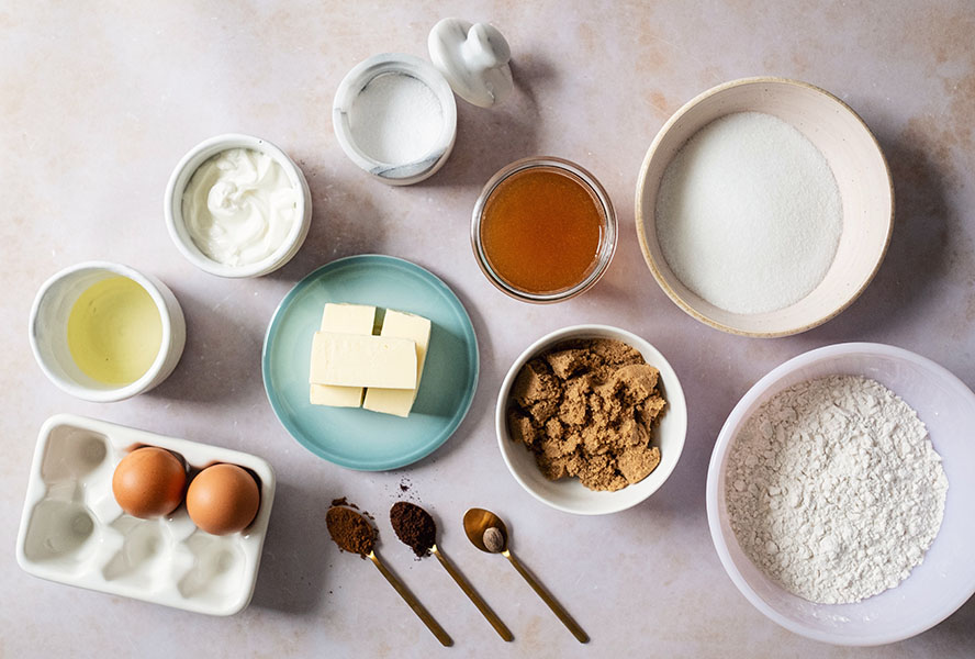 Apple cider coffee cake ingredients on kitchen counter