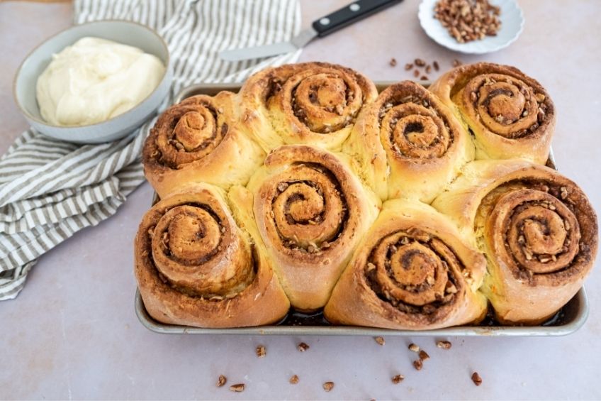 Carrot cake cinnamon rolls after being baked in the oven