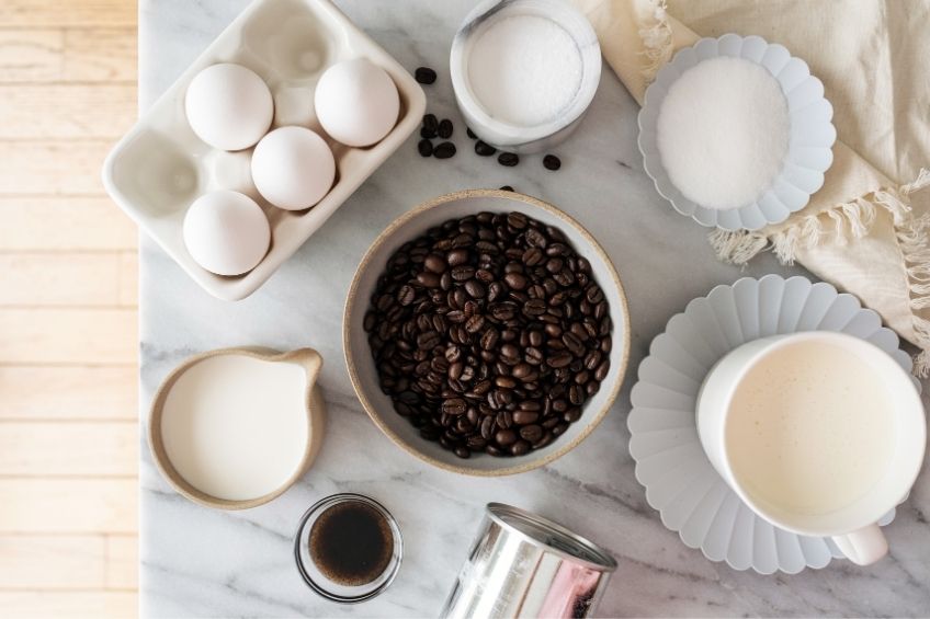 Vietnamese coffee creme brulee ingredients on kitchen countertop