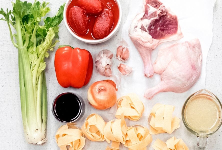 duck ragu ingredients on a countertop