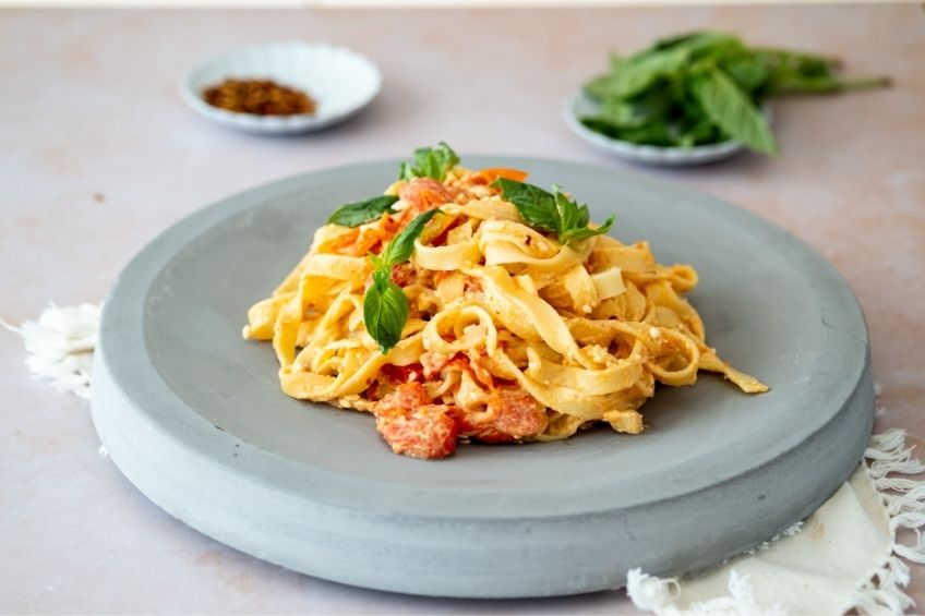 Feta Tomato pasta on a plate