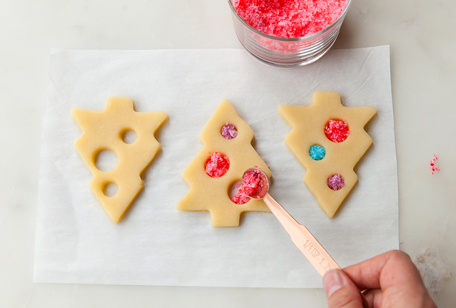 christmas tree cookies with crushed candies