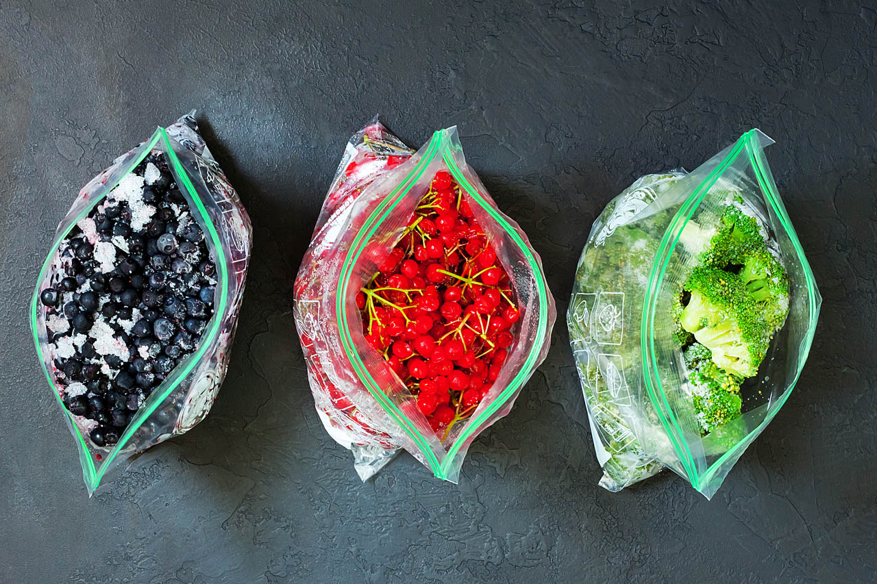 3 freezer bags of prepped fruits and vegetables