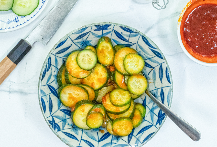 Cucumber salad tossed in Korean gochujang sauce