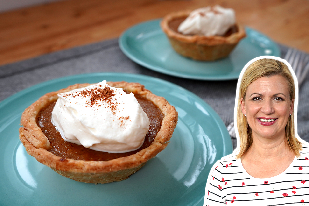 mini pumpkin pies on a green plate