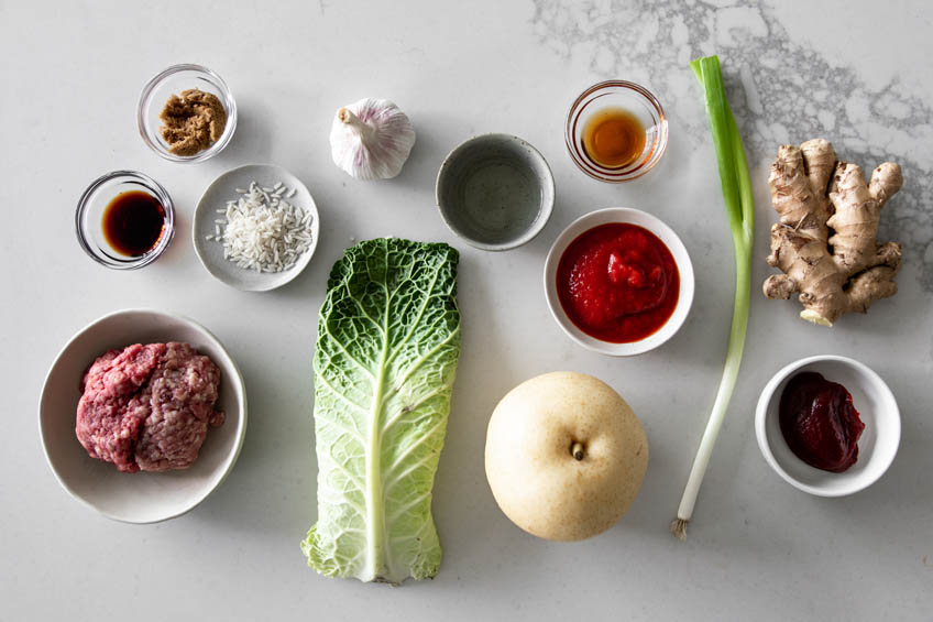 mise en place for bulgogi cabbage rolls