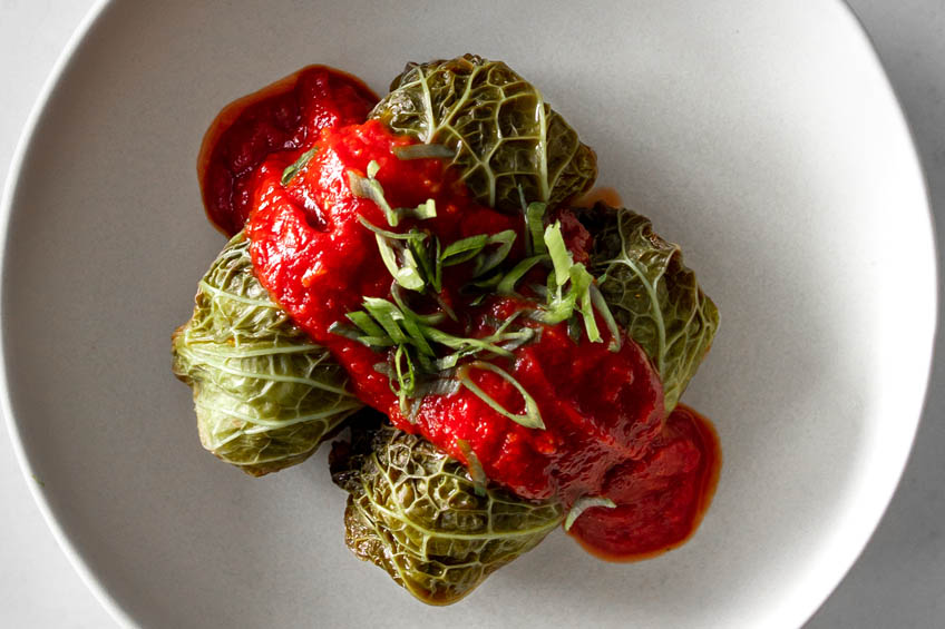 a closeup of bulgogi cabbage rolls