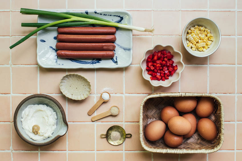 mise en place for rolled hotdog omelettes