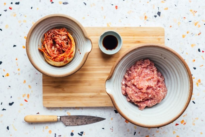 kimchi chicken patty ingredients on countertop