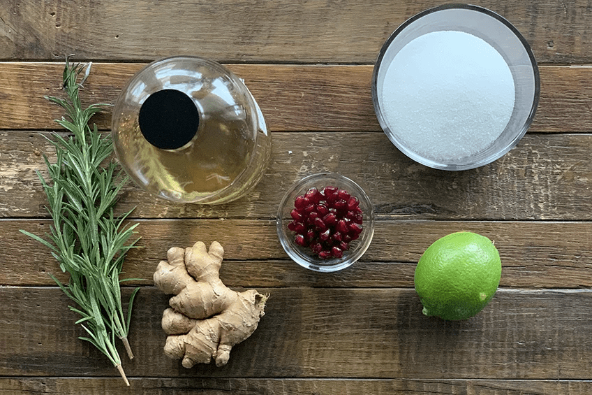 Non-alcoholic ginger-rosemary Christmas cocktail ingredients