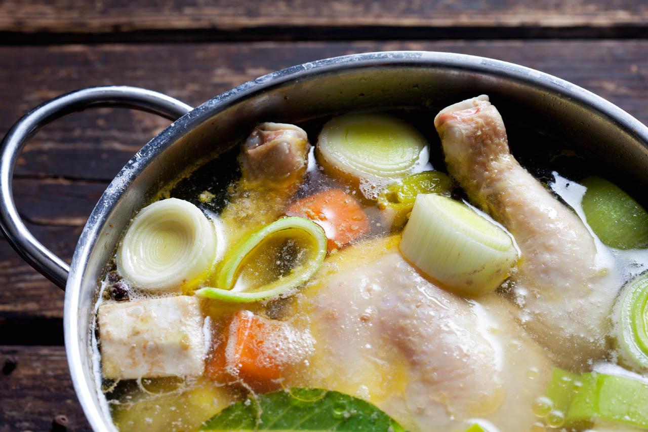 A pot of chicken stock