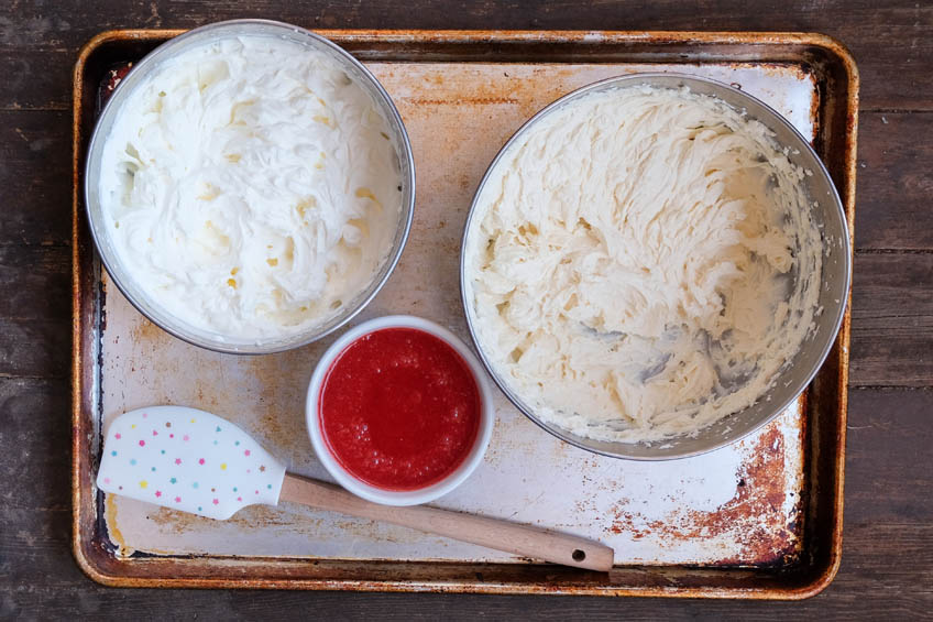 Strawberry coulis, whipped cream, and whipped cream cheese for Strawberry Coeur à la Crème