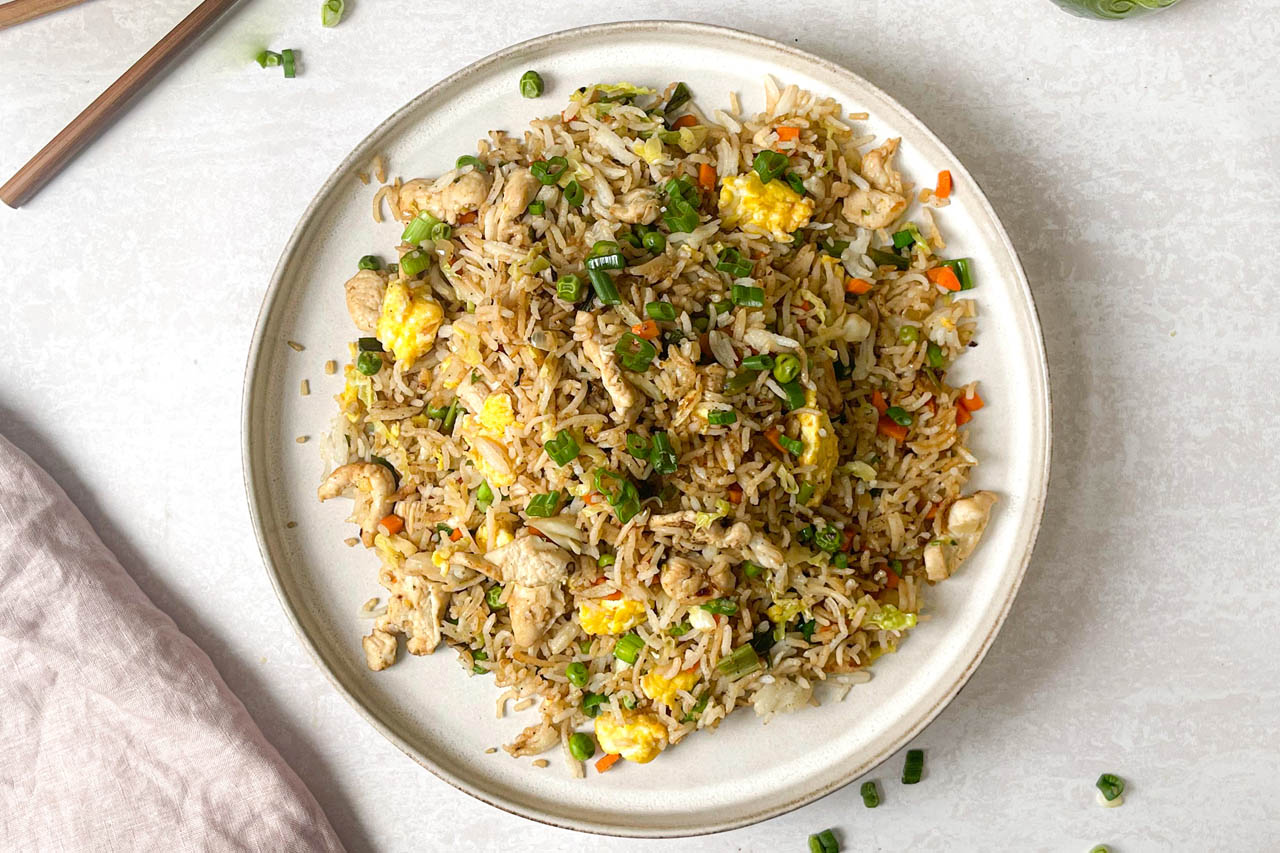 A plate of Hakka chicken fried rice