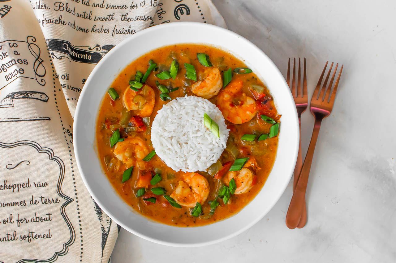 Shrimp Étouffée on a white plate