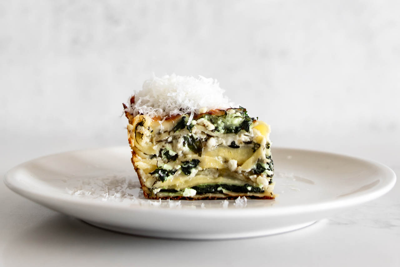 A slice of spanakopita lasagna