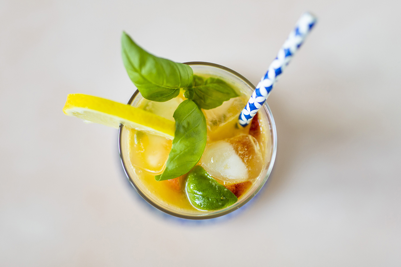 peach, basil and ginger kombucha punch