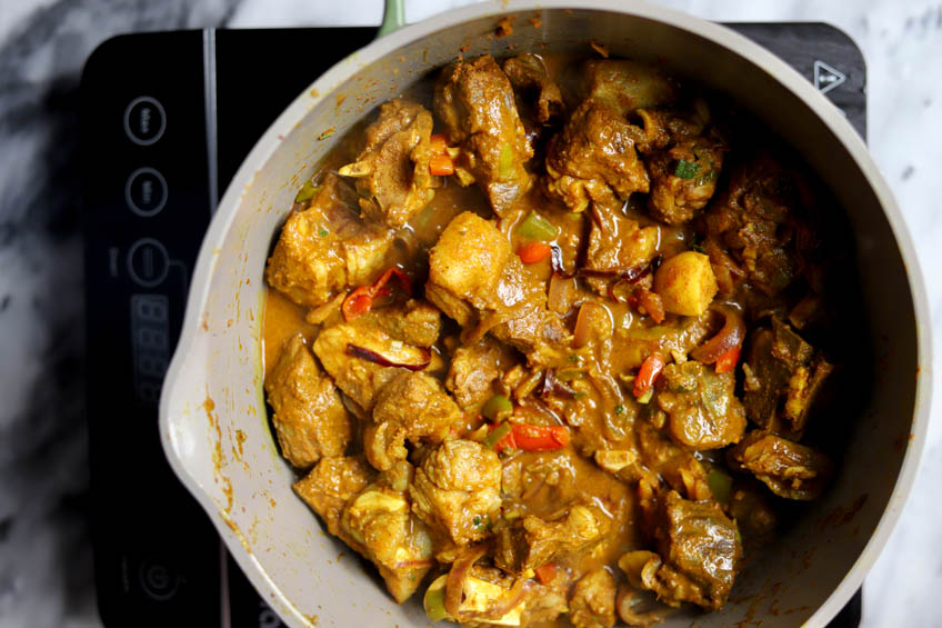 Jamaican curry goat in a pot