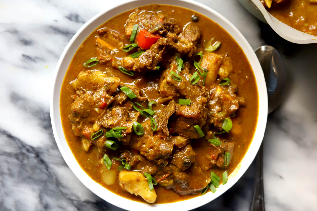 A bowl of Jamaican curry goat