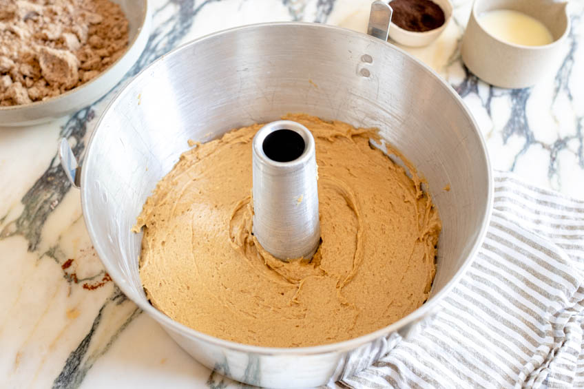 Vietnamese coffee cake batter in a bundt pan