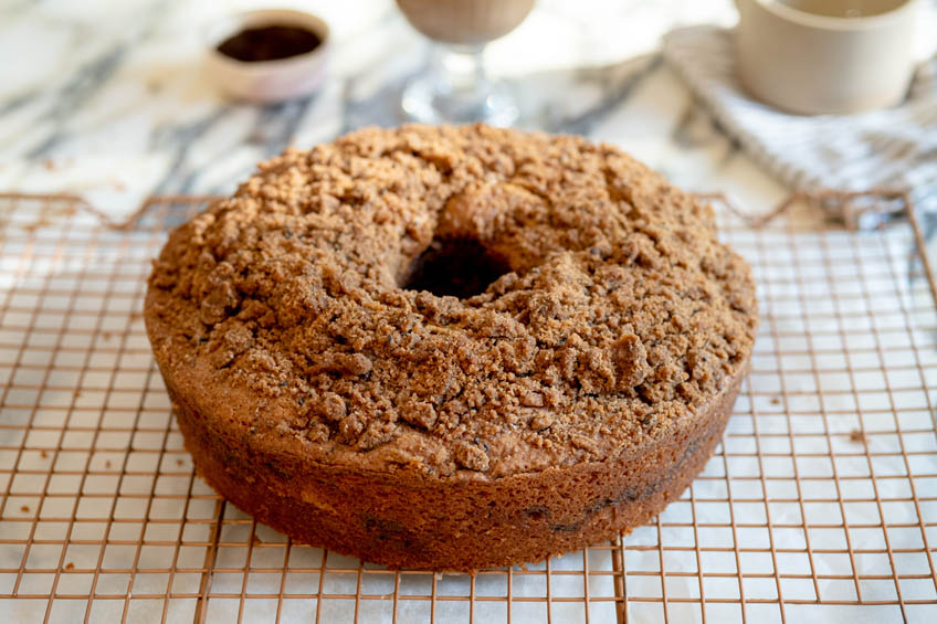 Vietnamese coffee cake on a cooling rack