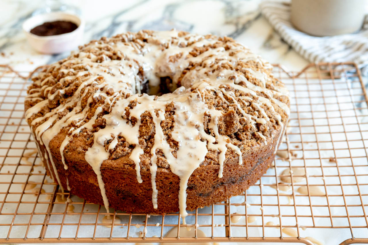 Vietnamese coffee cake on a cooling rack