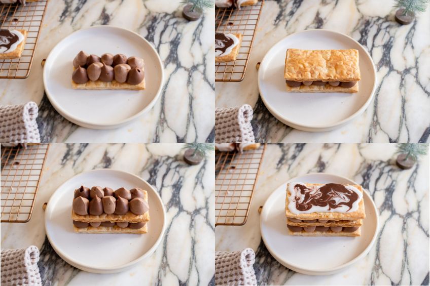 Chocolate hazelnut mille feuille being assembled