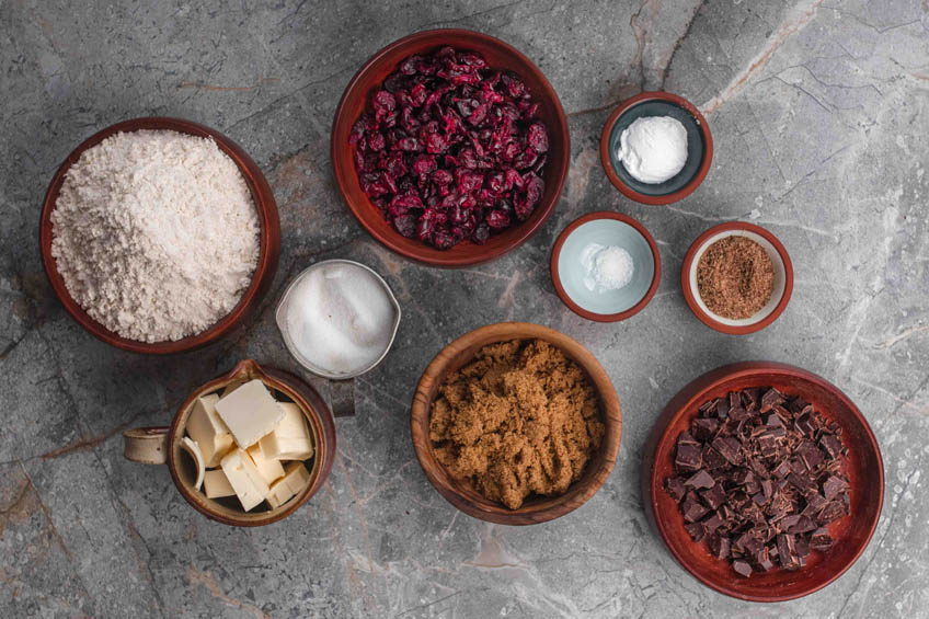 Ingredients for vegan dark chocolate cranberry cookies.