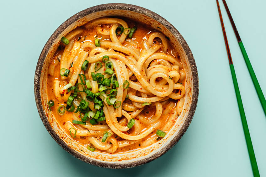 Fiery udon carbonara, ready to serve.