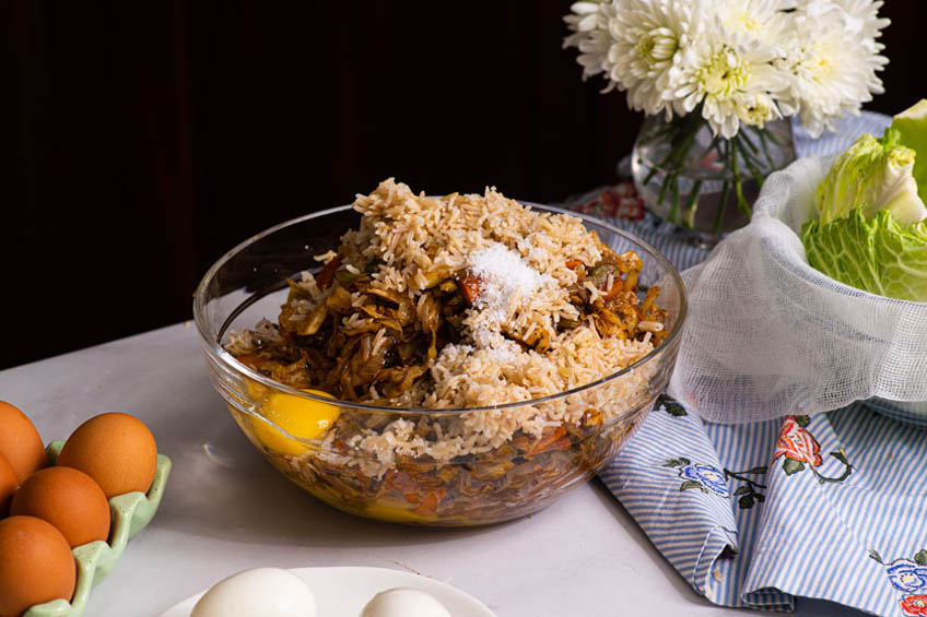 Cabbage roll meatloaf filling ingredients in a bowl