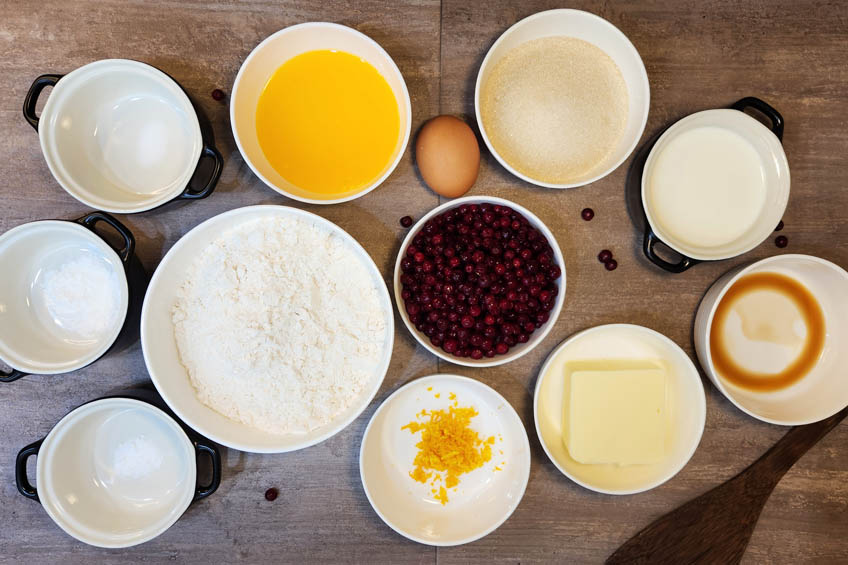 Ingredients for arctic cranberry orange muffins