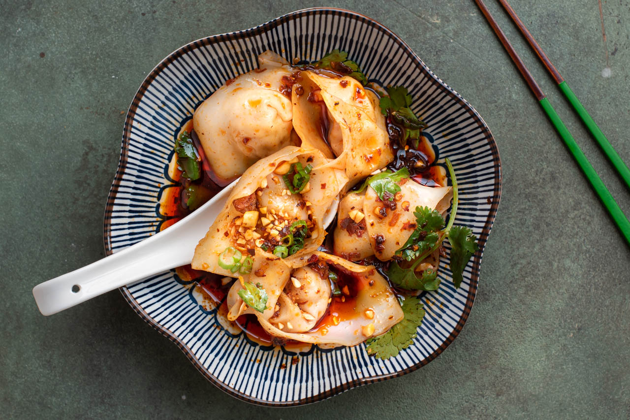 Sichuan wontons in red chili oil