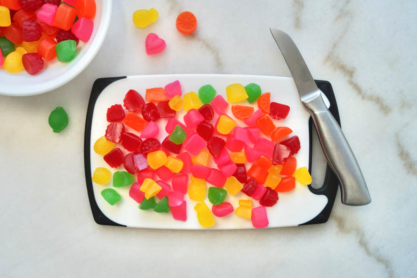 Gumdrops on a cutting board