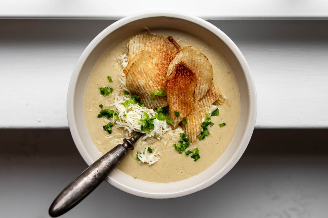 A bowl of jalapeno popper potato soup