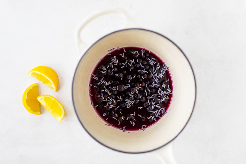 Lavender blueberry syrup in a saucepan