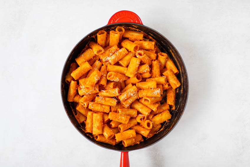 Cottage cheese penne alla vodka in a skillet