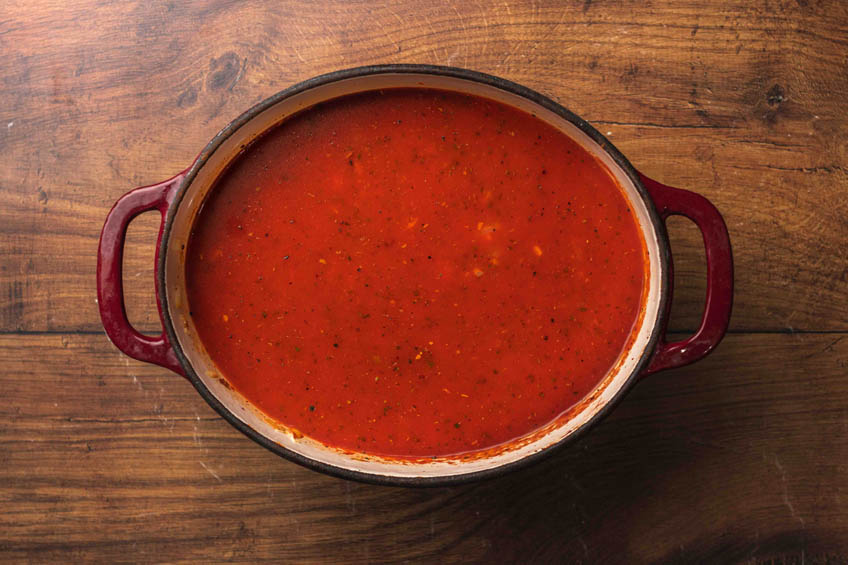 Vegan lasagna soup in a Dutch oven